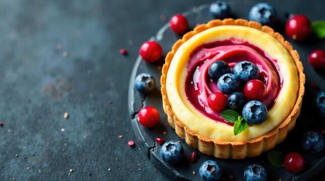 A delectable mini tart featuring a creamy custard filling, swirled with a vibrant berry compote, and adorned with fresh blueberries and cranberries.