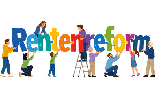 Rentenreform Puzzle mit gemeinsam bauenden Generationen vermittelt eine konstruktive zukunftsorientierte l&ouml;sungsorientierte Stimmung generative AI