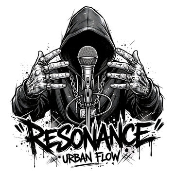 Hooded rapper with microphone and rings isolated on white background