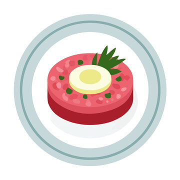 Steak Tartare, flat 2D illustration, minimal modern design, clean shapes, isolated on a white background.