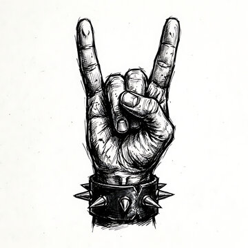 Hand gesture showing rock and roll sign with a spiked wristband