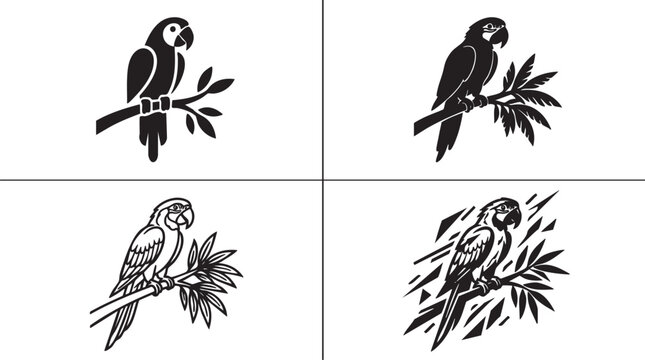 Collection of four black parrot silhouettes on with leaves and branches