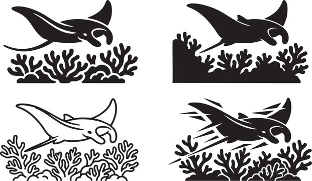 Collection of black and white stingray silhouettes with coral reef elements