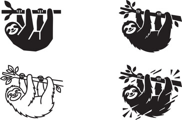 Obraz premium Collection of sloth illustrations in various styles and poses hanging from branches