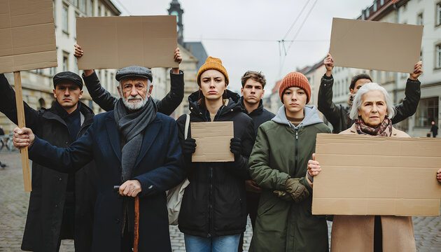 Demonstration junge und &auml;ltere Menschen mit Plakaten vermittelt eine ernsthafte entschlossene gemeinschaftliche friedliche politische Stimmung generative AI