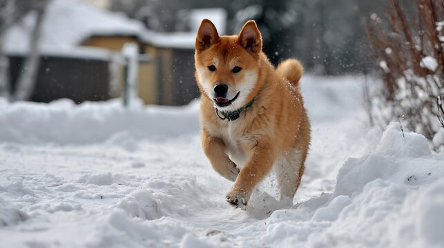 Shiba Inu Dog Running in Snow / 雪の中を走る柴犬