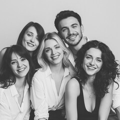 Fototapeta premium Group of diverse young adults smiling together, portraying friendship, happiness, and unity in grayscale