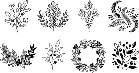 Decorative Black Outline Botanical Element Set Featuring Oak Leaves Acorns Berry Wreaths Ferns and Floral Bouquets for Autumn Holiday Greeting Card Designs © MINARA