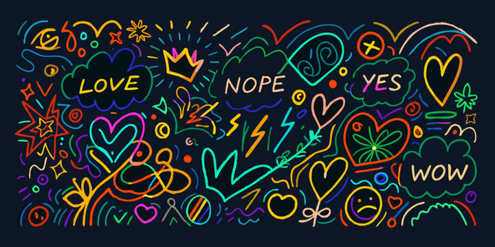Colorful doodle collection vector illustration with hearts stars and text