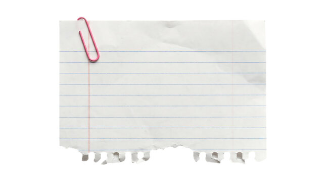 Torn lined paper note with red paperclip isolated on transparent background