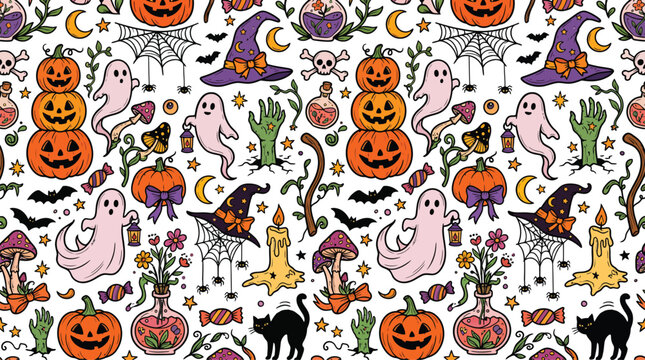 Seamless pattern featuring cute hand drawn halloween elements like pumpkins ghosts black cats witch hats and spiders on a white background for design