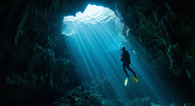 Scuba diver exploring a sunlit underwater cave with dramatic light rays