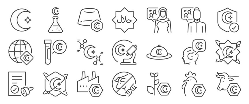 Halal Science icon set. It includes Islamic, food, technology, halal, muslim, and more icons. Editable Vector Stroke.