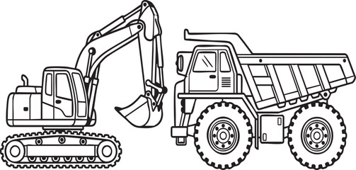 Excavator and dump truck coloring page, heavy construction vehicles line art outline illustration for kids activity book vector bundle, © ADOBE STOCK