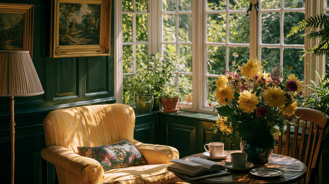 Cozy cottagecore sunroom interior with armchair, book, coffee, and fresh flowers, creating a peaceful retreat