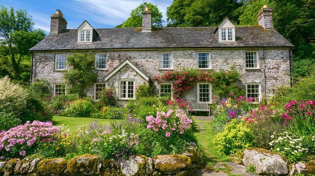 Stone cottage with a blooming garden in spring, showcasing traditional architecture and idyllic country living