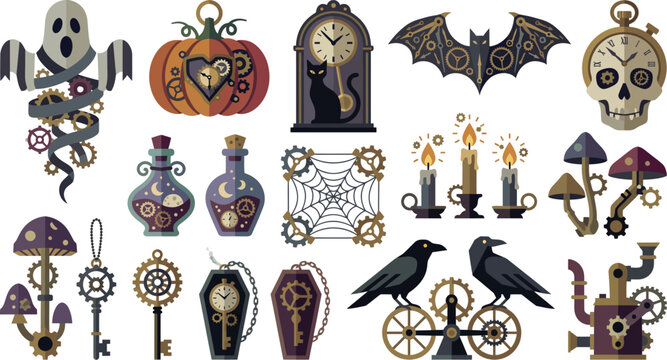 Set of various gothic and steampunk halloween elements including ghost pumpkin clock bat skull potion bottles candles mushrooms keys raven and mechanical gears