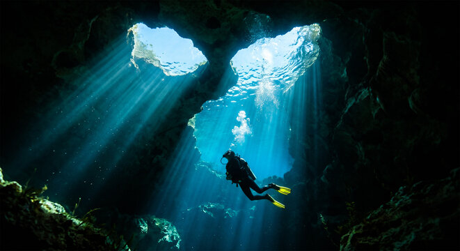 Scuba diver swimming in a beautiful underwater cave with sun rays