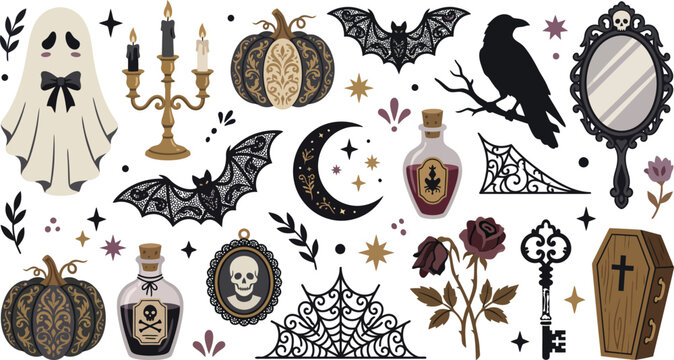 Set of hand drawn halloween elements featuring a ghost pumpkin raven bat moon potion bottle mirror skull key and coffin on white background