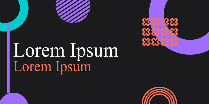 Modern abstract geometric presentation slide background template with vibrant Memphis style shapes, colorful patterns, and lorem ipsum placeholder text on dark background