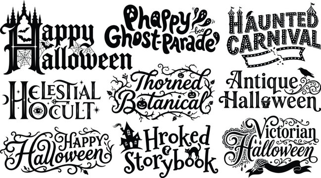A collection of vintage halloween typography designs featuring spooky gothic lettering and ornate decorative elements for seasonal holiday greeting cards and creative projects