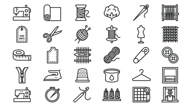 Sewing and Tailoring Line Icons Set with Textile Craft Fashion and Garment Tools