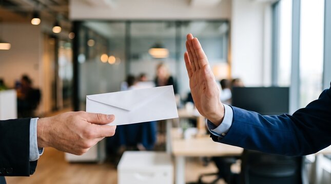 Businessman refusing a white envelope with an ethical stop gesture in an office setting, concept for anti-bribery campaigns, corporate compliance and integrity presentations
