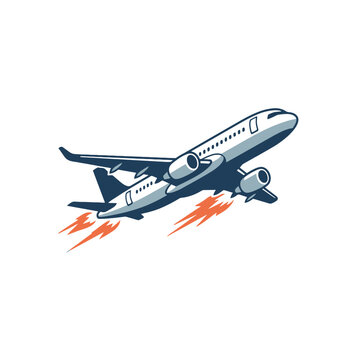 A commercial airplane takes off with orange flames