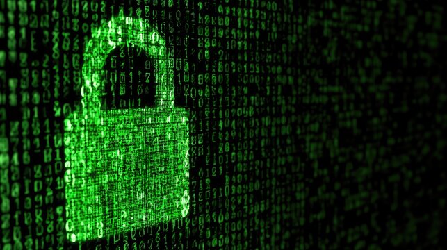 Digital Security Lock Symbol Formed by Green Binary Code Matrix.