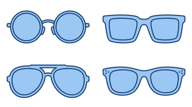 A collection of various blue eyeglasses frames on white background