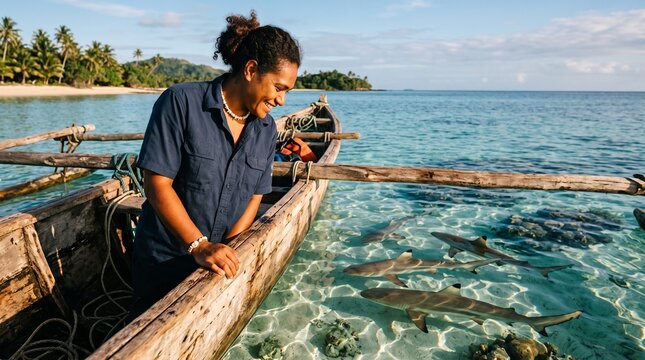 Local marine ranger protecting sharks from a wooden boat in shallow tropical water