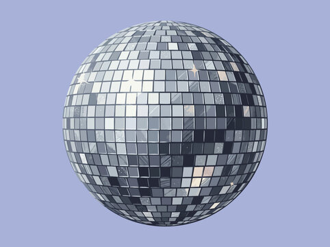 A shiny silver disco ball hangs against a purple background