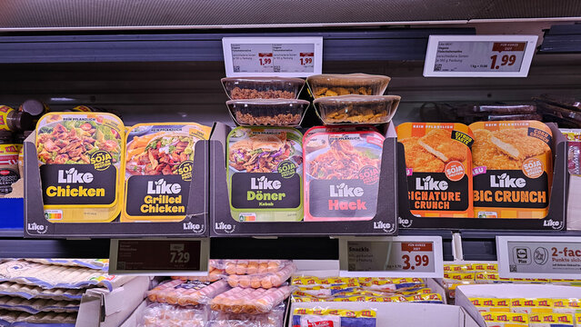 Like meat plant-based vegan products on supermarket shelf
