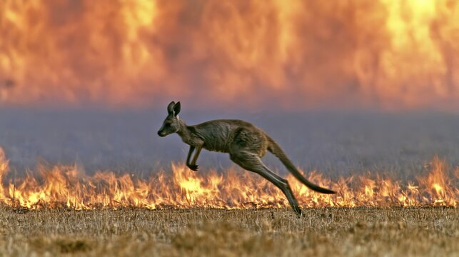 Australia outback bush fire with kangaroo jumping over blazing fire line in rugged wilderness, highlighting wildlife survival, natural disaster, arid landscape, resilience and environmental danger