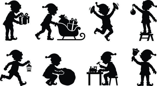 Christmas Elf Silhouette Icons Set with Gift Giving Sleigh Bell Toy Making and Holiday Activities