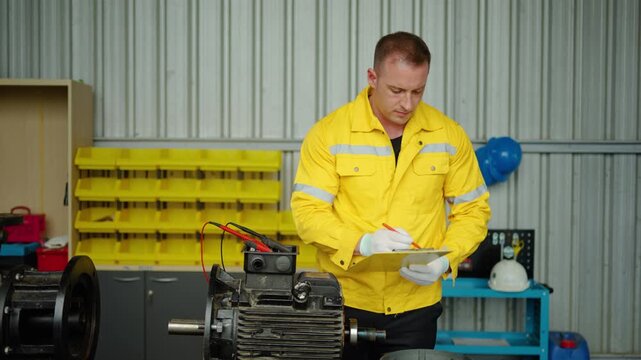 Skilled industrial technician in a high-visibility yellow uniform uses a digital multimeter to test a heavy electric motor and writes detailed maintenance reports on a clipboard in the workshop.