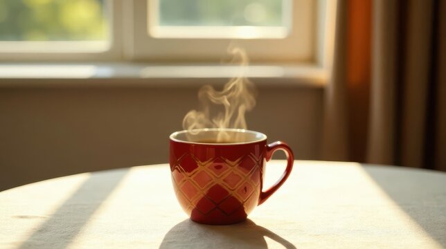 A warm beverage in a red patterned mug, steam rising, sits on a table bathed in sunlight filtering through a window.