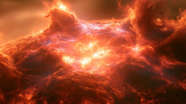 sun solar star space plasma flare coronal ejection energy nebula - detailed 3D illustration of erupting solar surface, plasmon flares, coronal mass ejections, and glowing energetic phenomena in cosmos