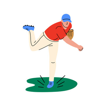 Vector illustration of a baseball pitcher in a dynamic throwing pose, in a doodle style