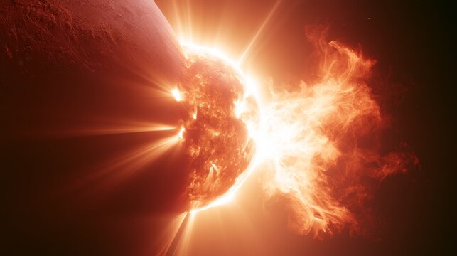 sun solar star space plasma flare coronal ejection energy nebula - detailed 3D illustration of erupting solar surface, plasmon flares, coronal mass ejections, and glowing energetic phenomena in cosmos