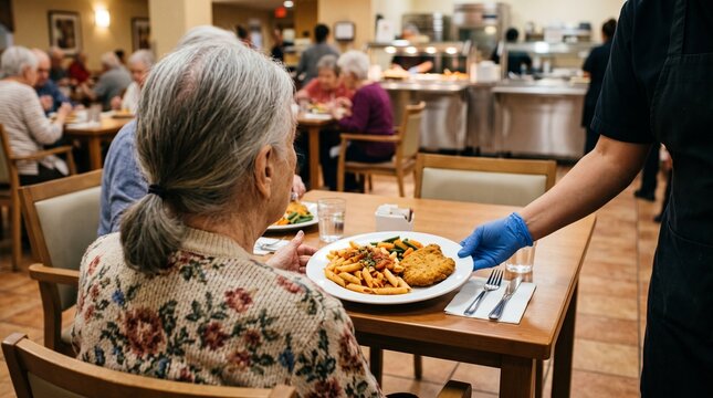 Caregiver serving healthy hot meal to elderly woman in nursing home dining room. Senior care and assisted living facility concept.