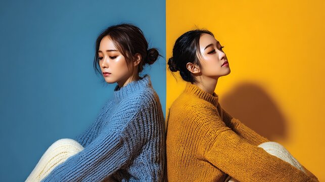 Two Young Women against Split Color Background / スプリットカラー背景の二人の若い女性