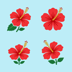 Four red hibiscus flower icons on a light blue background © jasabasa