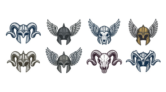 Vintage viking helmets and animal skulls set on white background