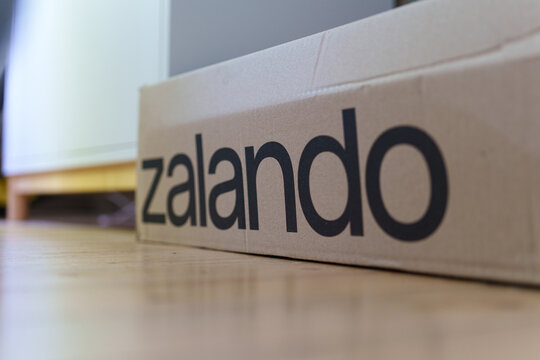 Dusseldorf, Germany - May 23 2026: Zalando parcel box delivered to a home entrance ready for online shopping customer