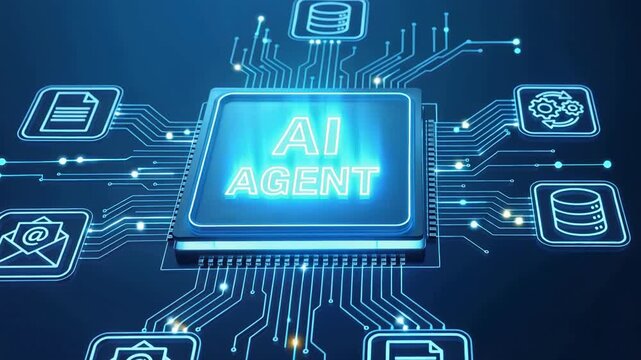 Words "AI AGENT" glowing within futuristic digital network, mart business operations, 4K video