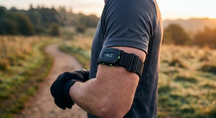 Fototapeta premium Wearable Heart Rate Tracker Band on Runner Arm at Sunrise