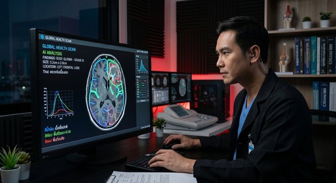 Radiologist Reviewing MRI Brain Scan with AI Highlighted Areas