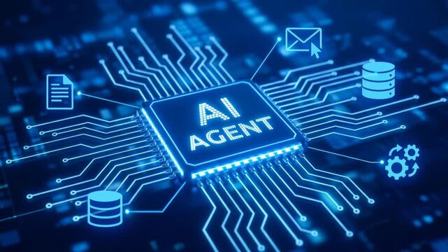 Words "AI AGENT" glowing within futuristic digital network, mart business operations, 4K video