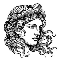 Fototapeta premium Classical goddess portrait with seashells in hair, Aphrodite or Venus head line art, ancient Greek mythology style